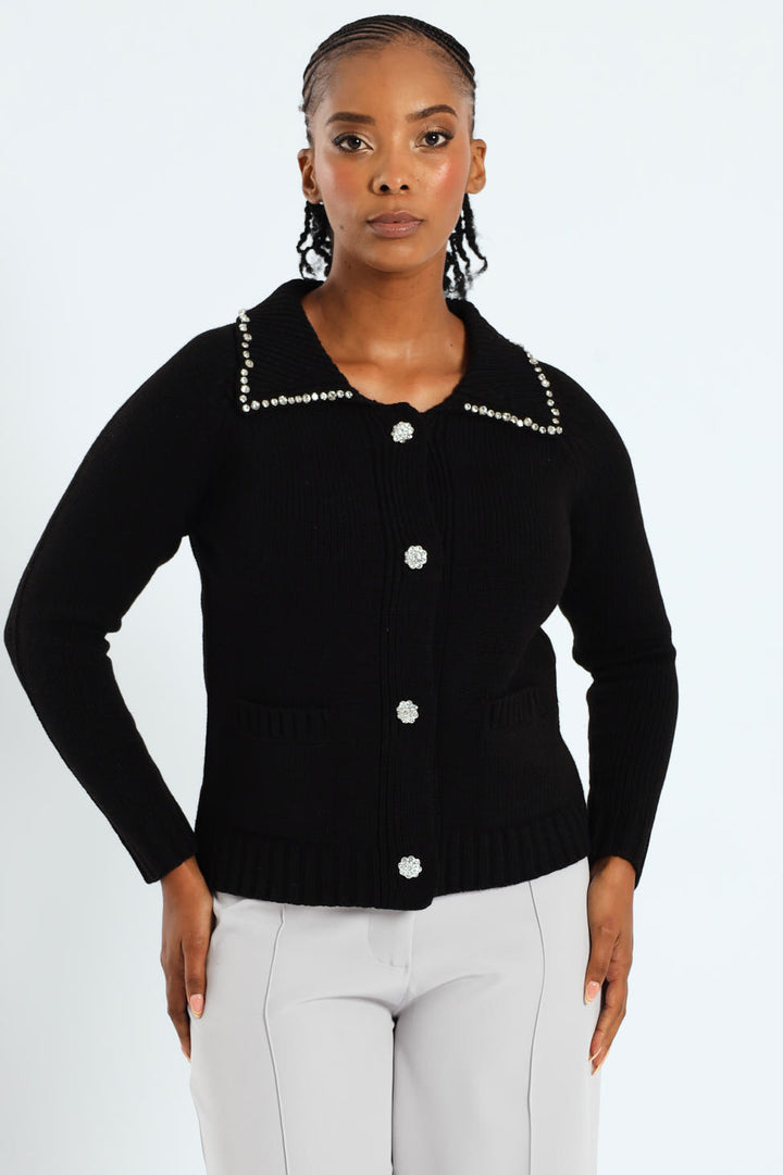Collared Cardigan With Diamante Trim - Black