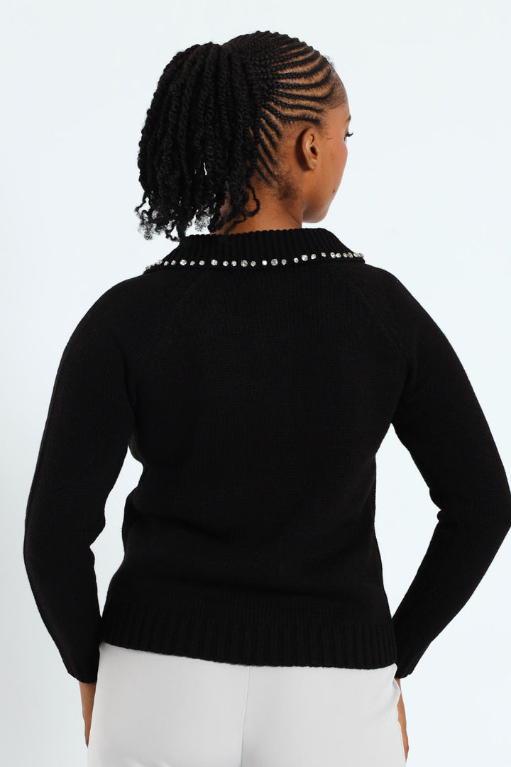 Collared Cardigan With Diamante Trim - Black