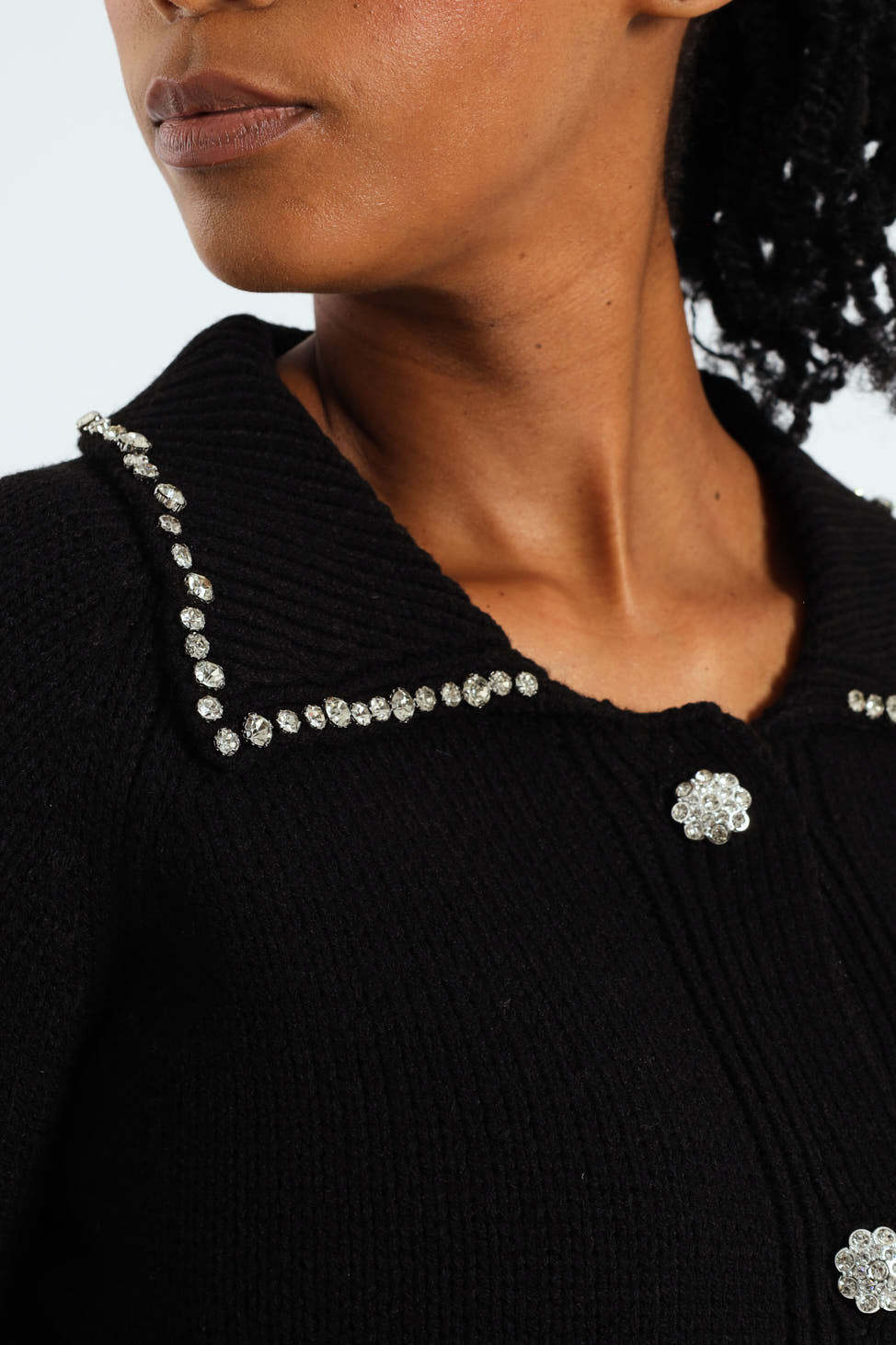 Collared Cardigan With Diamante Trim - Black