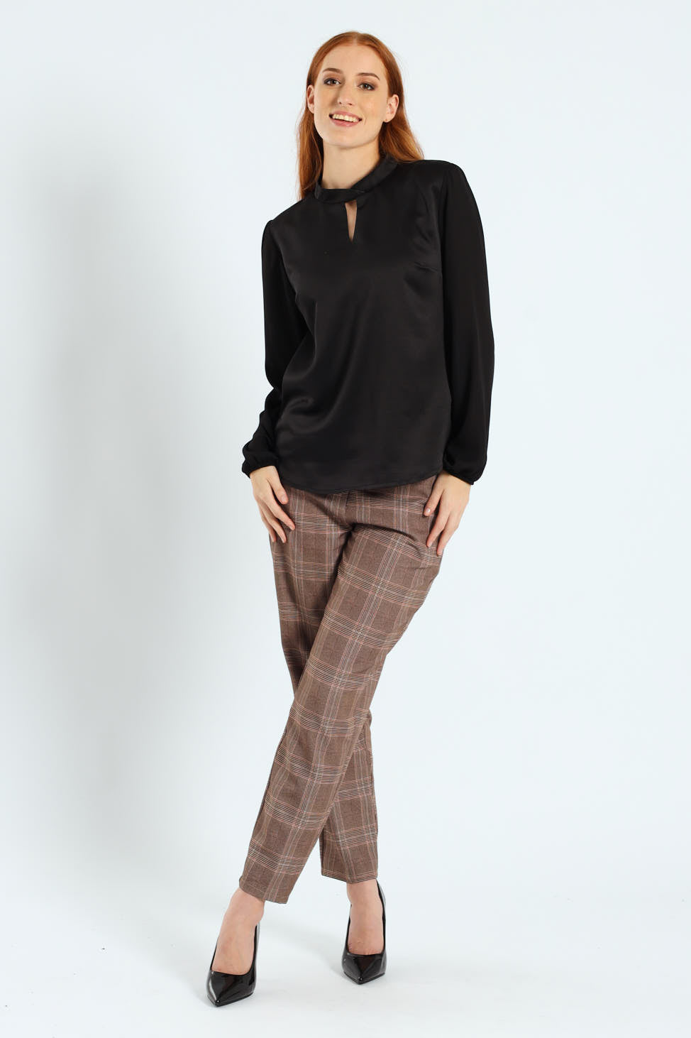 Hi-Neck Keyhole Combo Blouse - Black