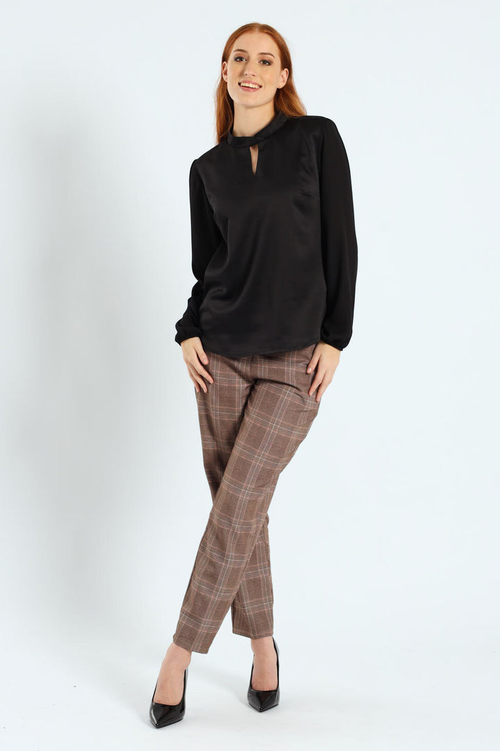 Hi-Neck Keyhole Combo Blouse - Black