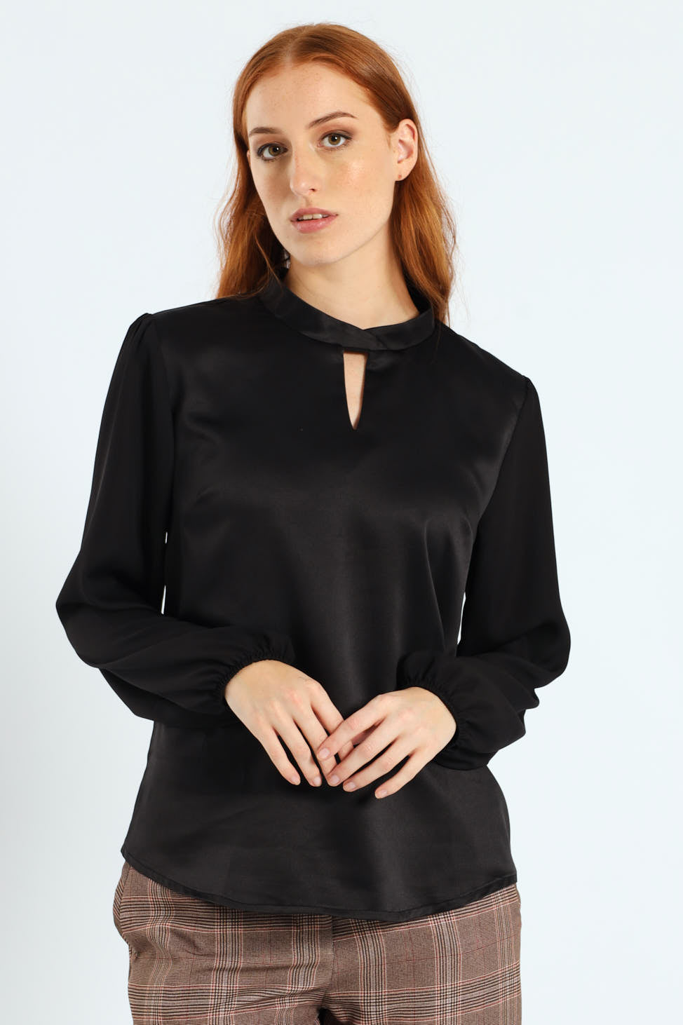 Hi-Neck Keyhole Combo Blouse - Black