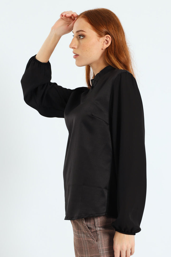 Hi-Neck Keyhole Combo Blouse - Black