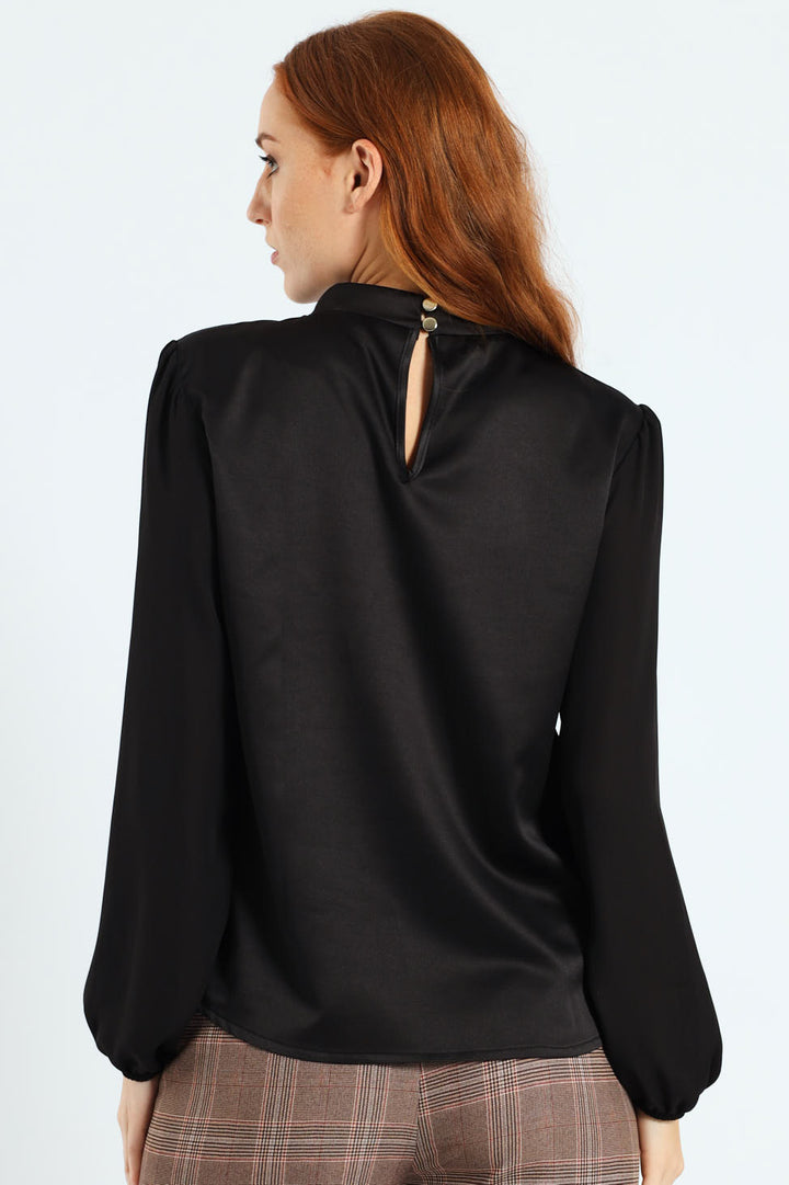 Hi-Neck Keyhole Combo Blouse - Black