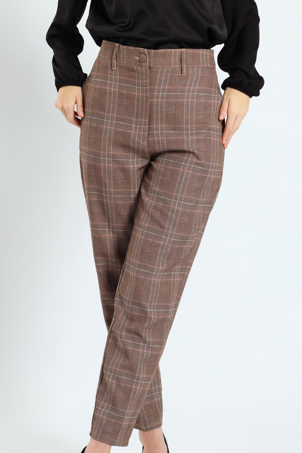 Tartan Check Tapered Leg Pants - Brown