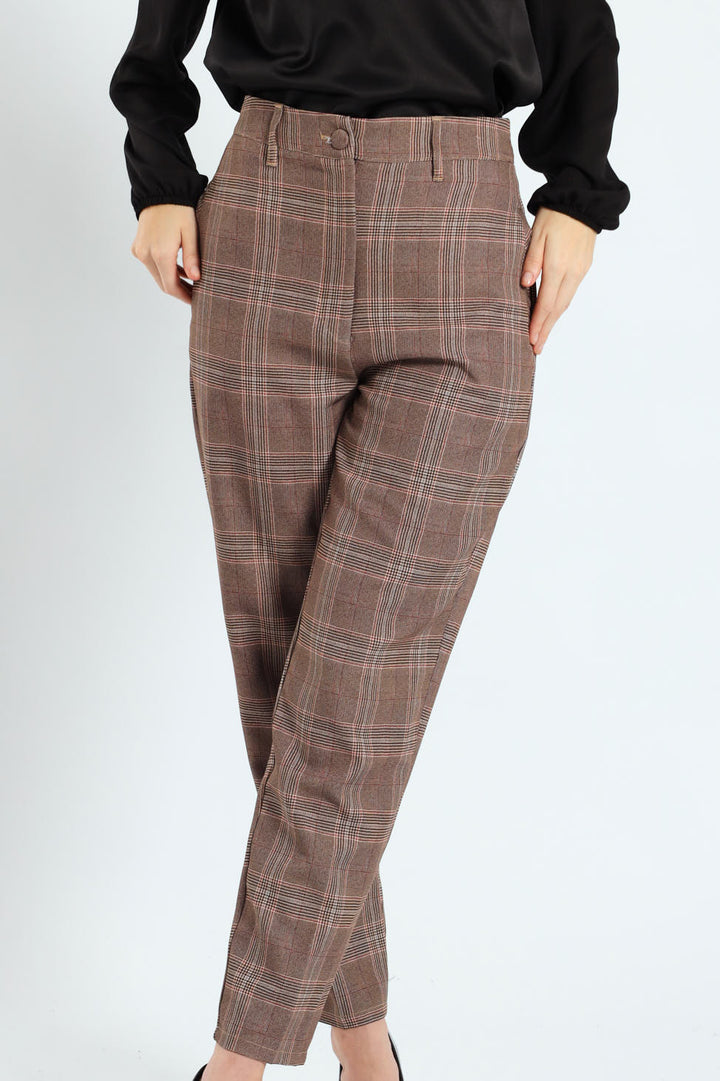 Tartan Check Tapered Leg Pants - Brown
