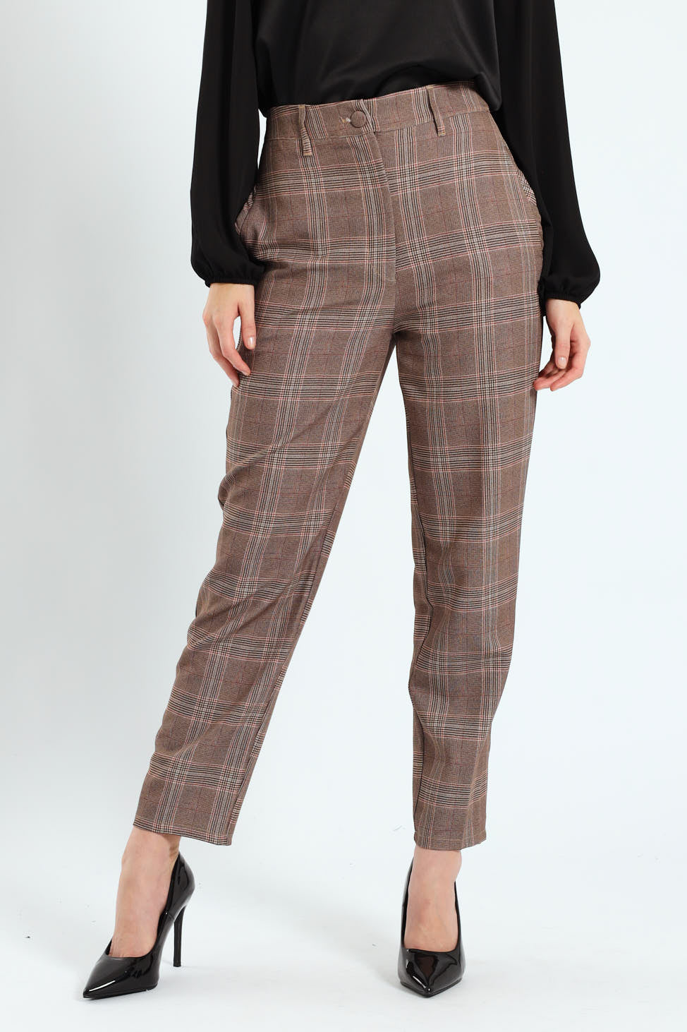 Tartan Check Tapered Leg Pants - Brown