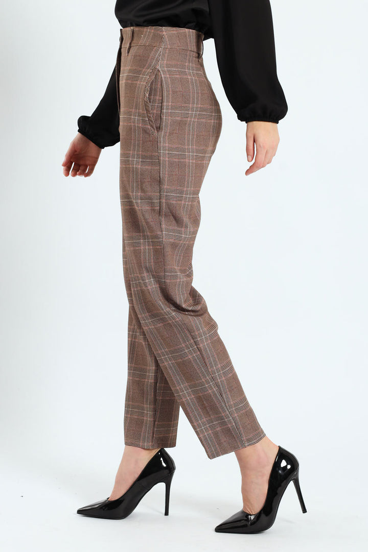 Tartan Check Tapered Leg Pants - Brown