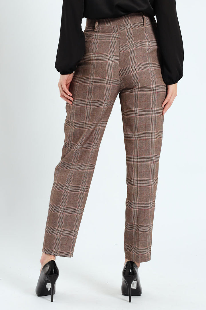 Tartan Check Tapered Leg Pants - Brown