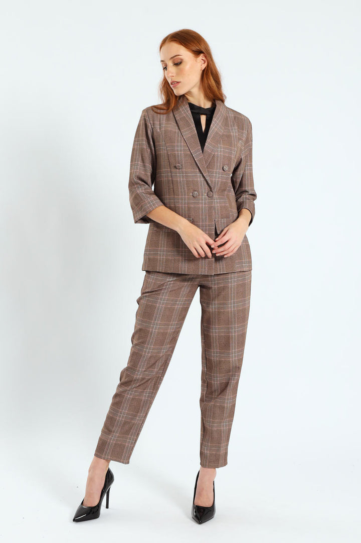 Tartan Check Tapered Leg Pants - Brown