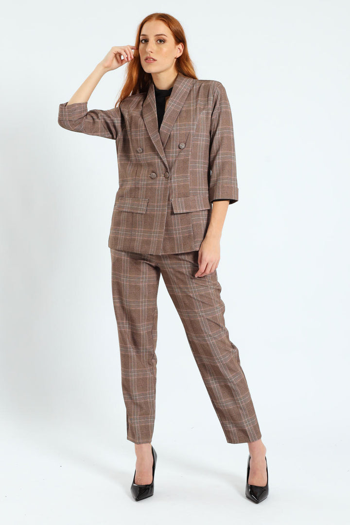 Turn Up Check Sleeve Blazer - Brown