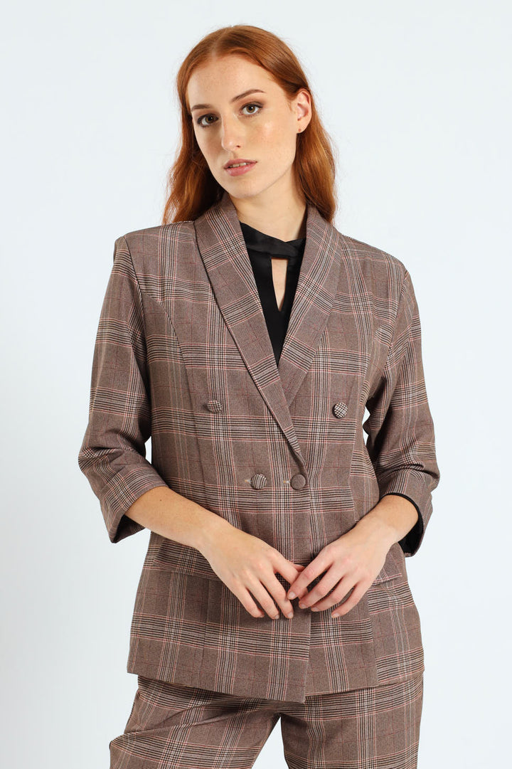 Turn Up Check Sleeve Blazer - Brown