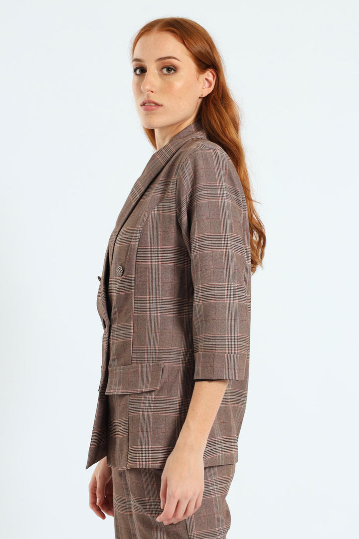 Turn Up Check Sleeve Blazer - Brown