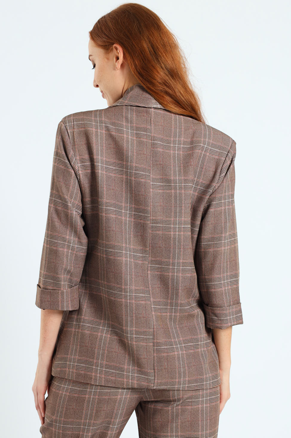 Turn Up Check Sleeve Blazer - Brown