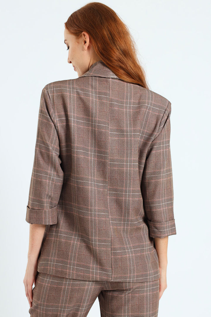 Turn Up Check Sleeve Blazer - Brown