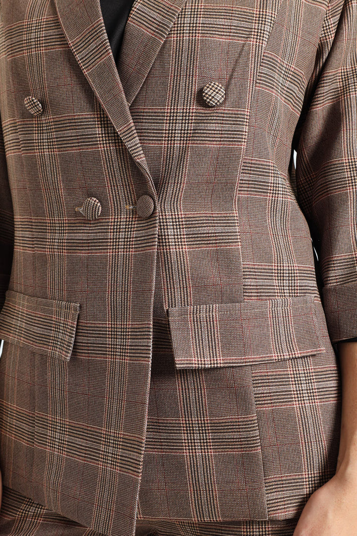 Turn Up Check Sleeve Blazer - Brown