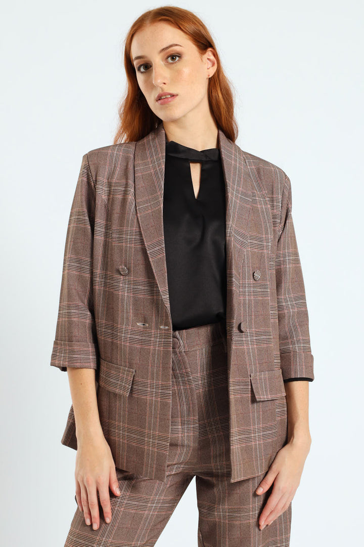 Turn Up Check Sleeve Blazer - Brown
