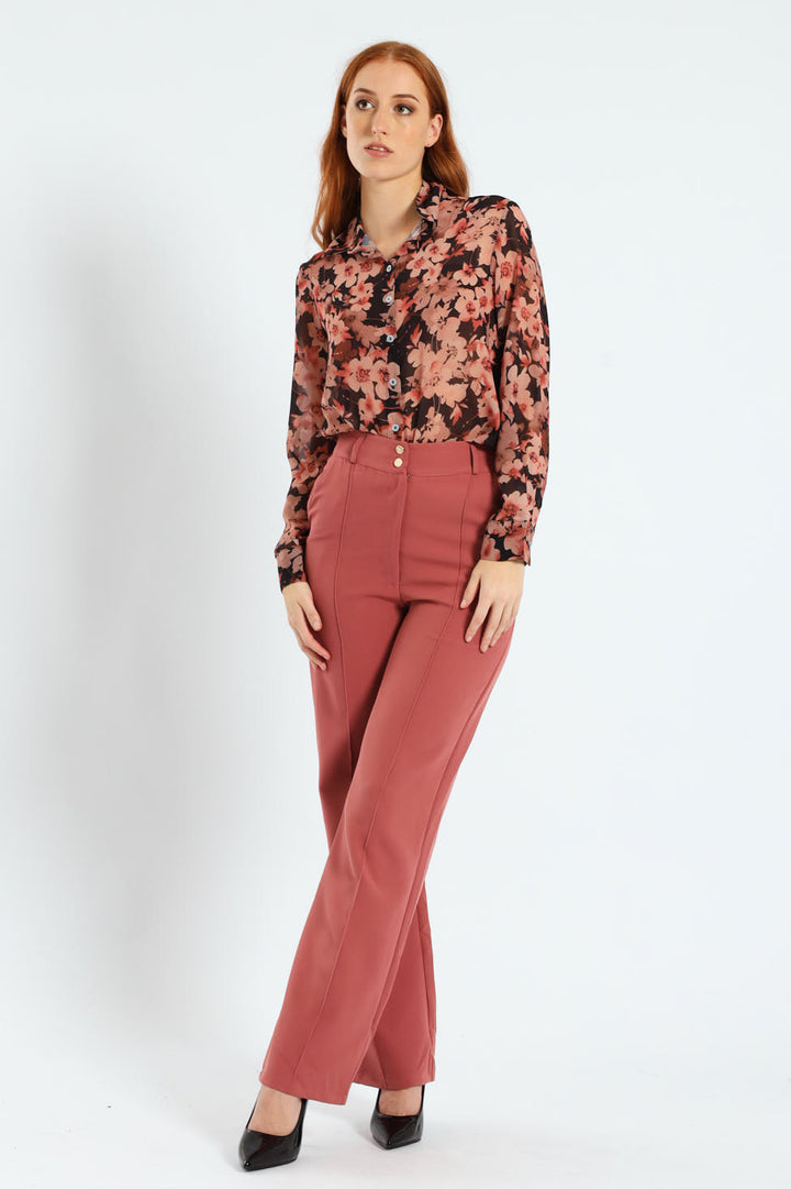 Double Button Pintuck Straight Leg Pants - Deco Rose