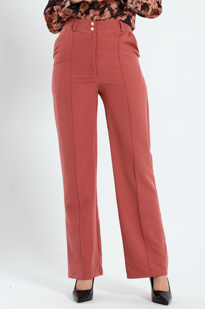 Double Button Pintuck Straight Leg Pants - Deco Rose