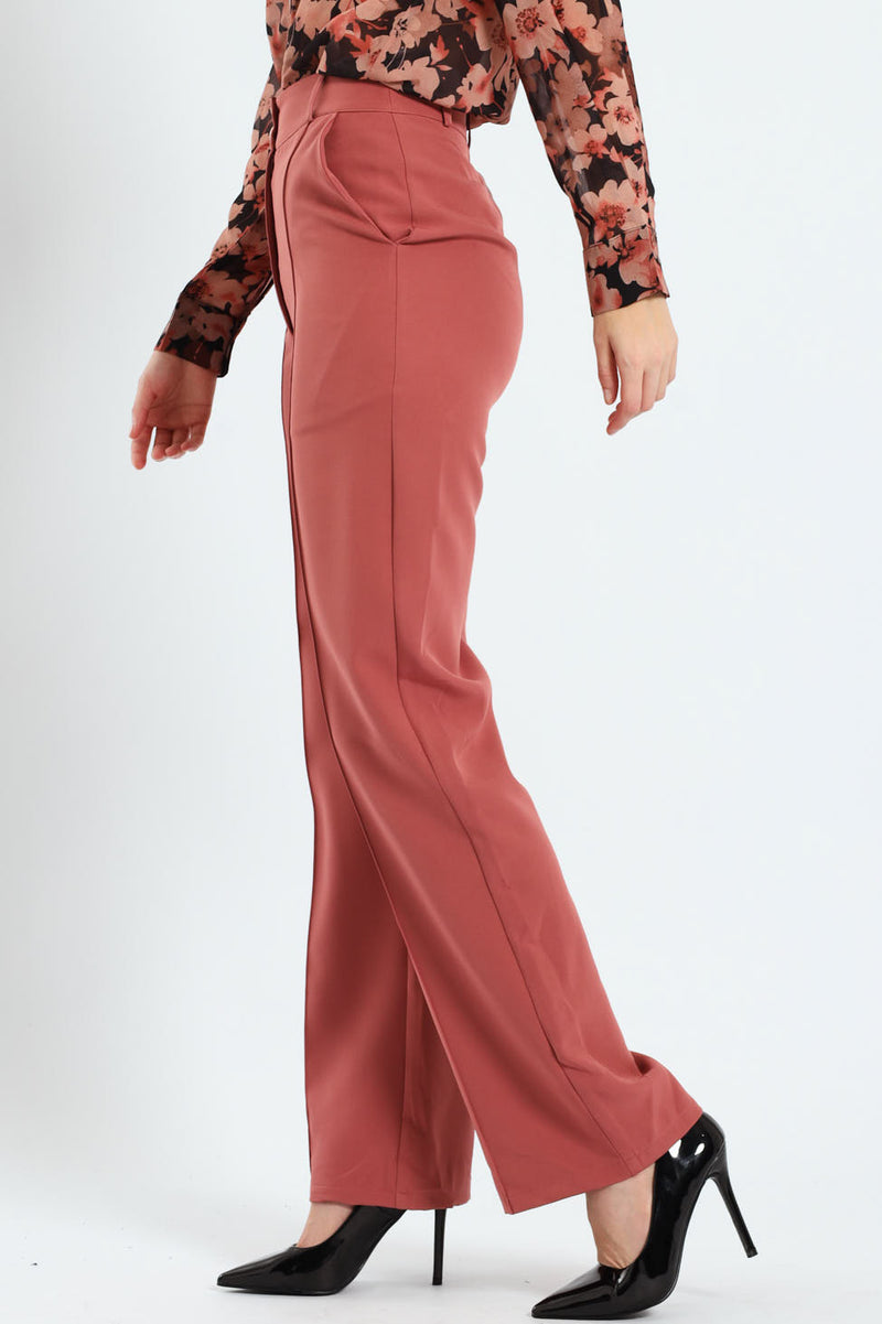 Double Button Pintuck Straight Leg Pants - Deco Rose