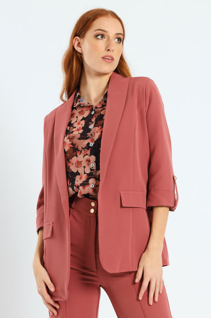 Shawl Collar Turn Up Sleeve Blazer - Deco Rose