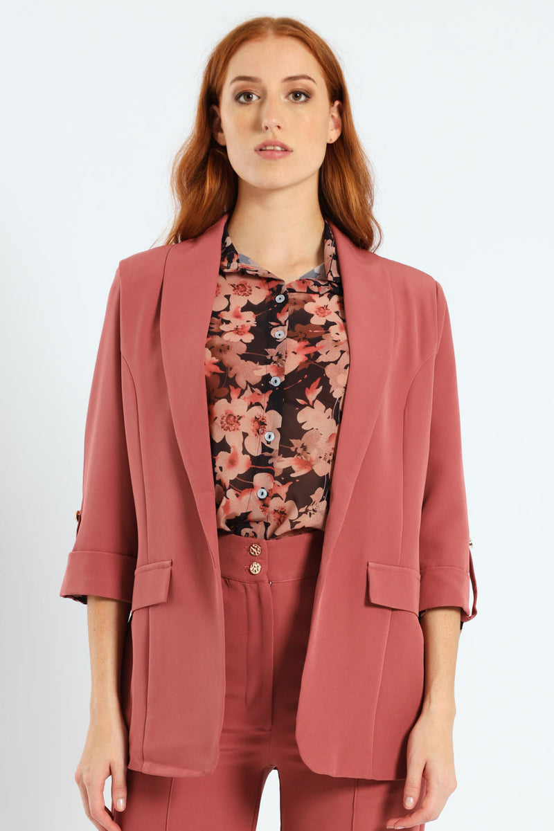 Shawl Collar Turn Up Sleeve Blazer - Deco Rose