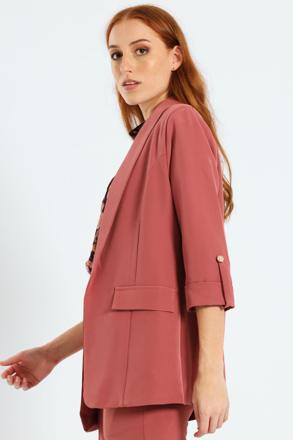 Shawl Collar Turn Up Sleeve Blazer - Deco Rose