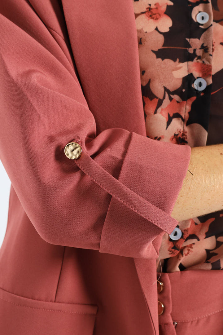 Shawl Collar Turn Up Sleeve Blazer - Deco Rose