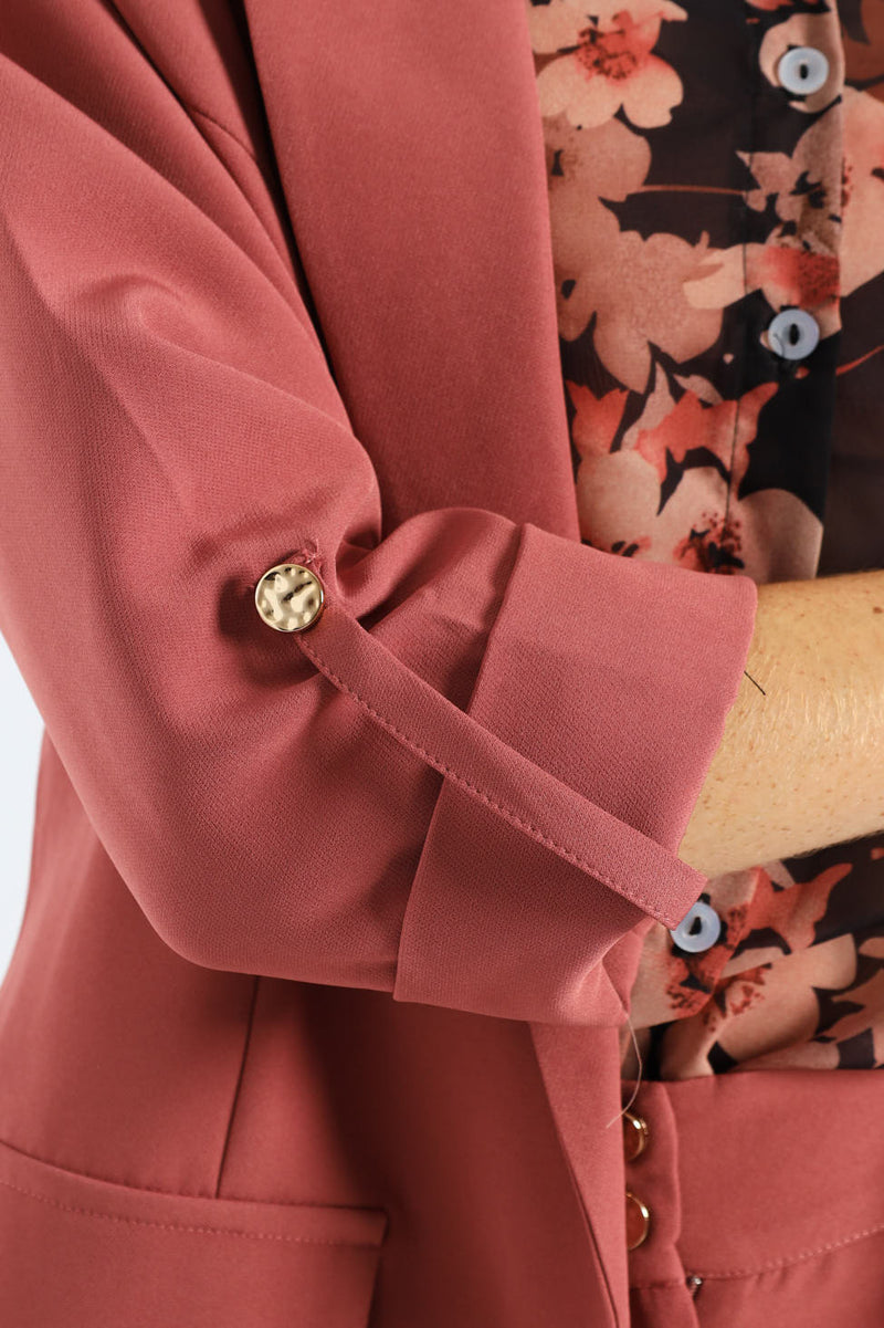 Shawl Collar Turn Up Sleeve Blazer - Deco Rose