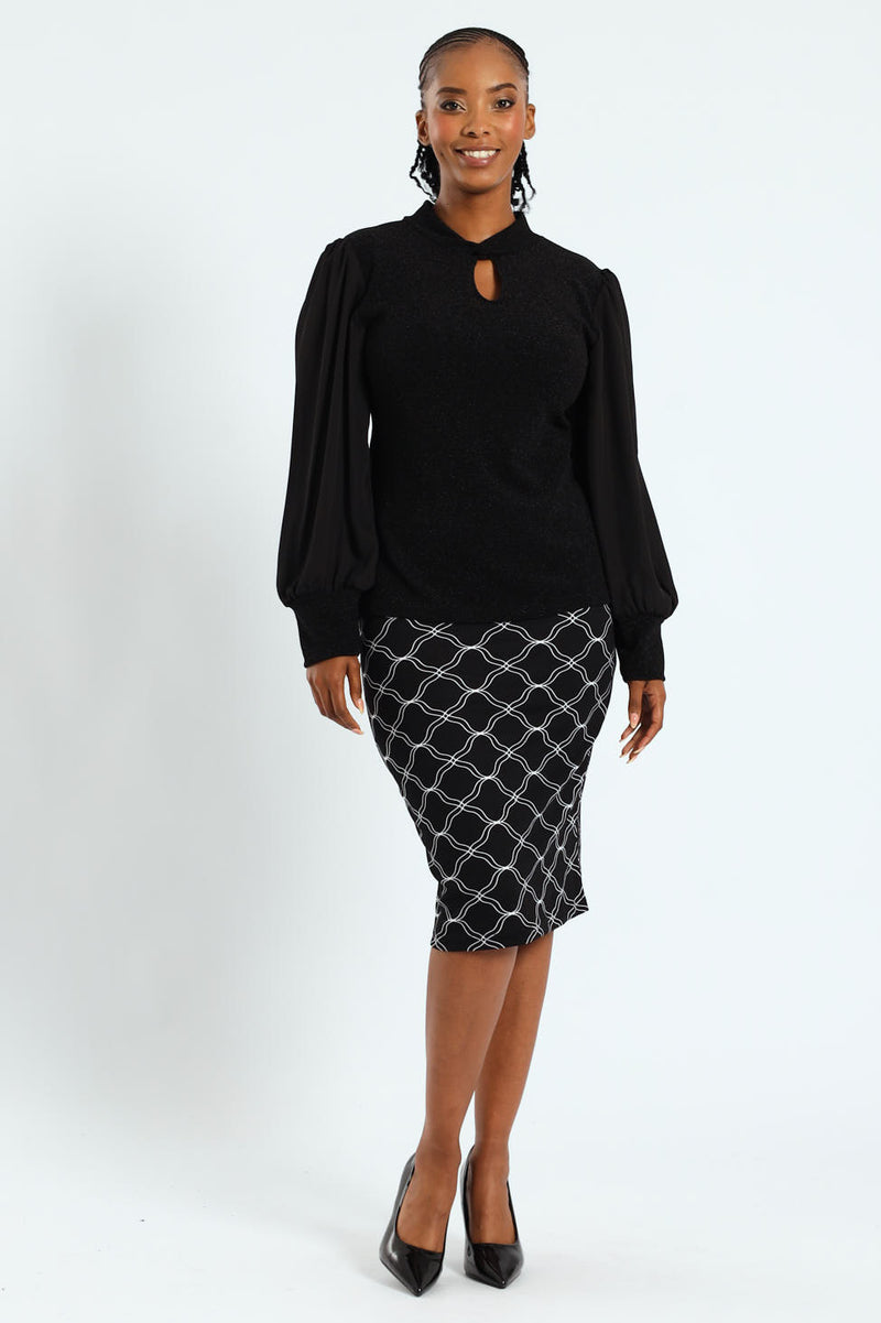 Twist Neck Keyhole Shimmer Combo Blouse - Black