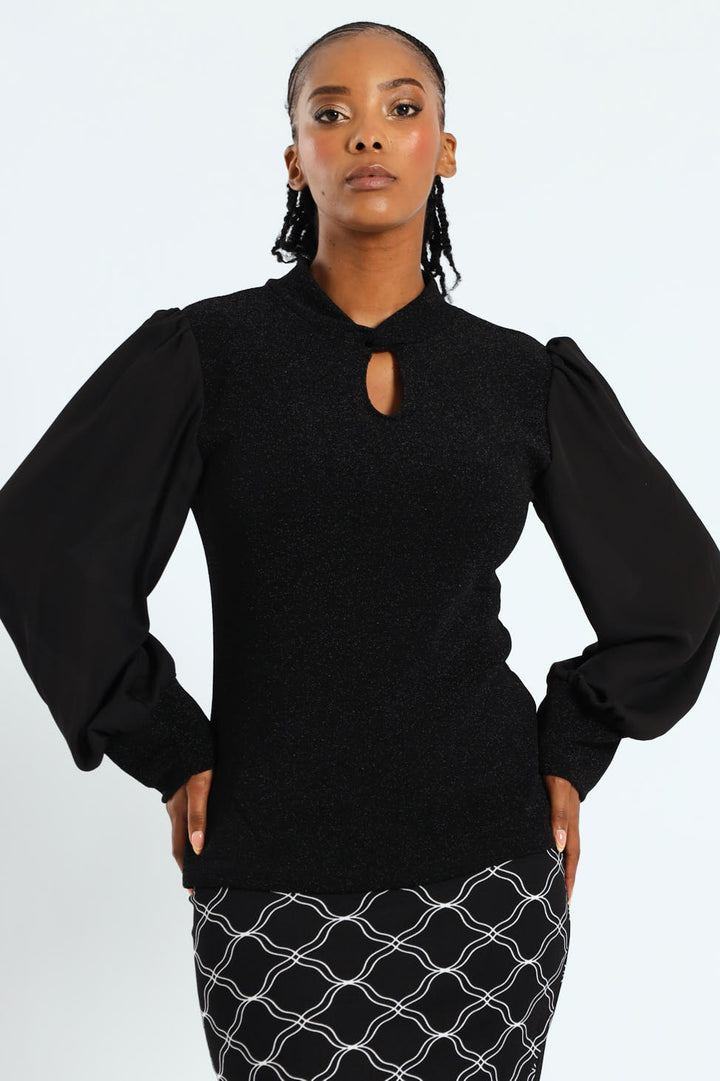 Twist Neck Keyhole Shimmer Combo Blouse - Black