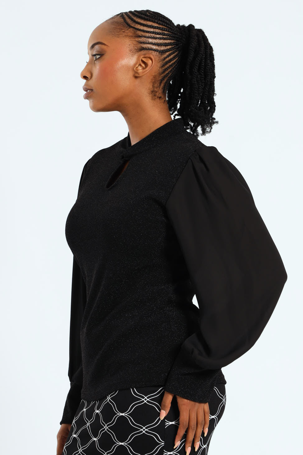 Twist Neck Keyhole Shimmer Combo Blouse - Black