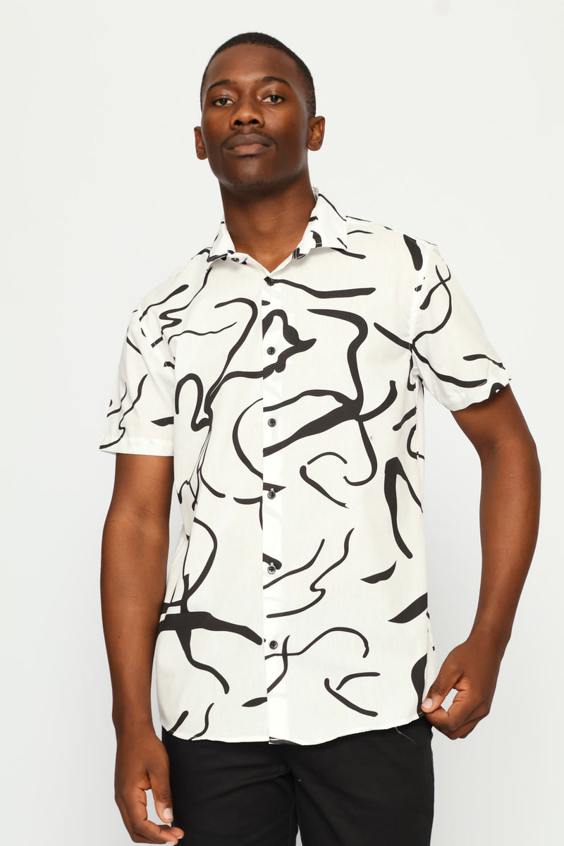 Abstract Line Strokes Printed Shirt - White/Black