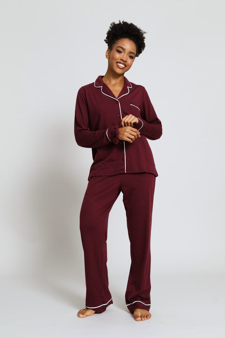 Long Sleeve Knit Button Through & Pant Set - Burgundy