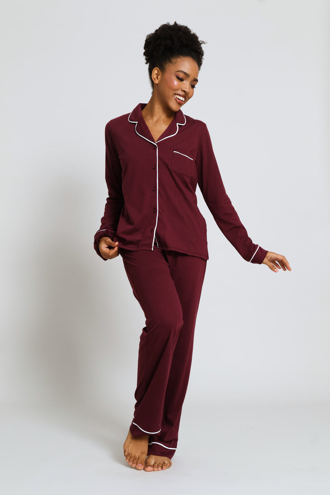 Long Sleeve Knit Button Through & Pant Set - Burgundy