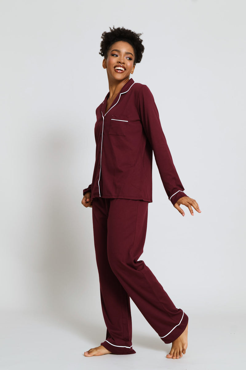 Long Sleeve Knit Button Through & Pant Set - Burgundy