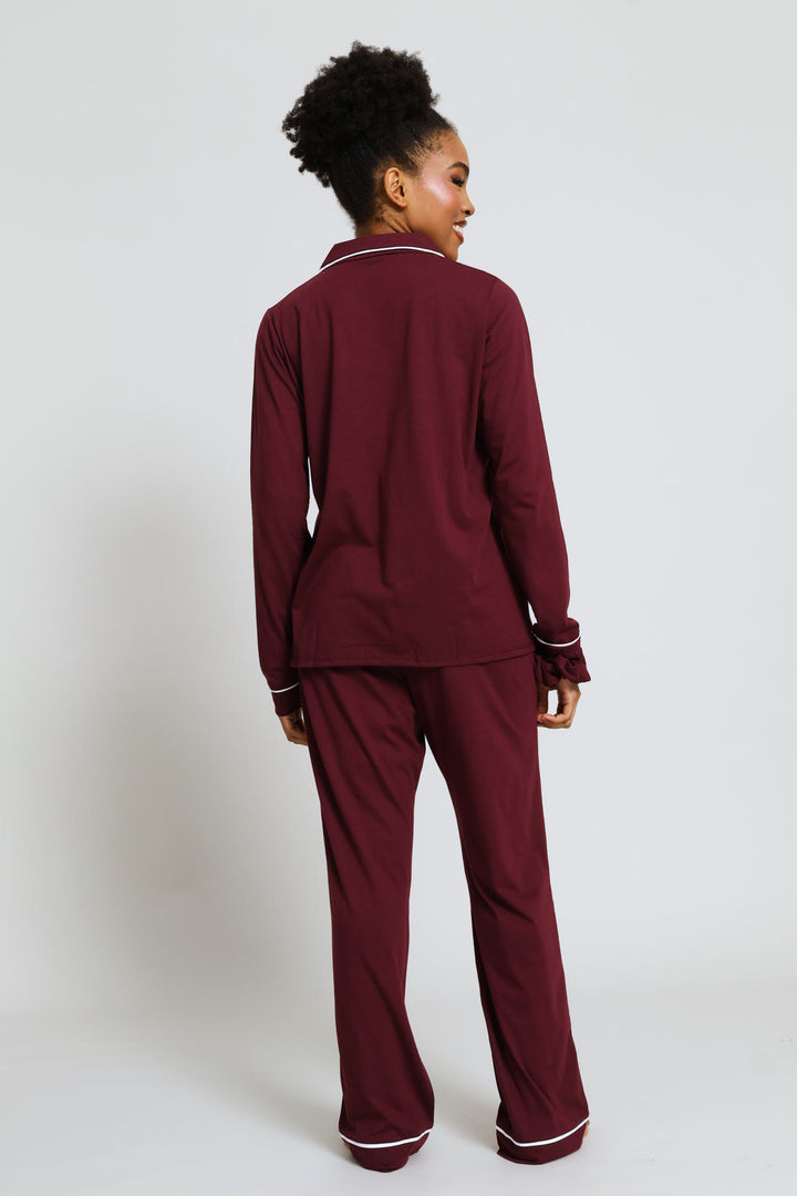 Long Sleeve Knit Button Through & Pant Set - Burgundy