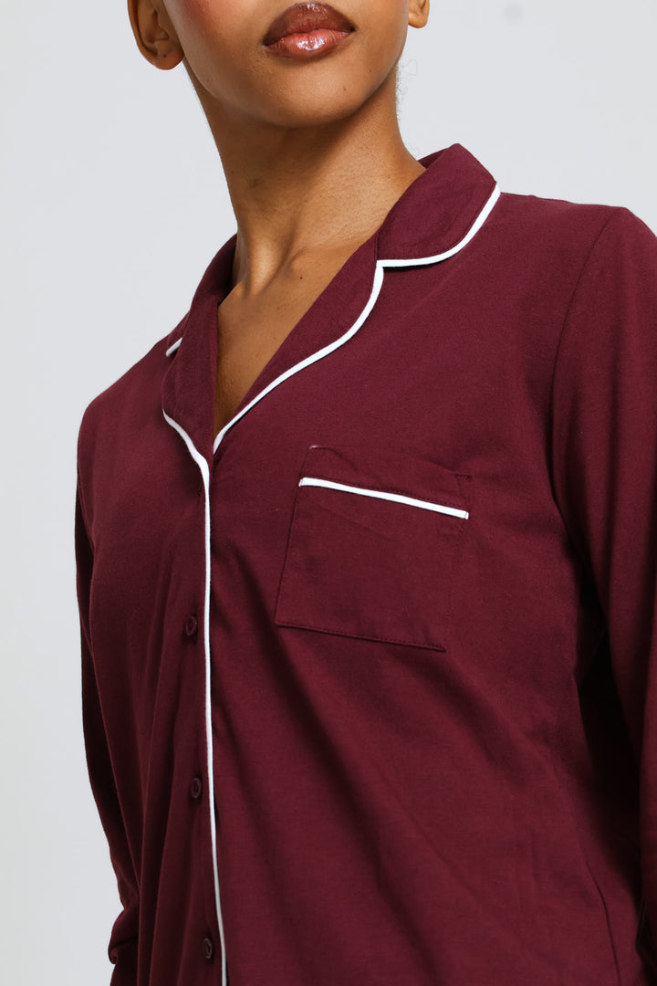 Long Sleeve Knit Button Through & Pant Set - Burgundy
