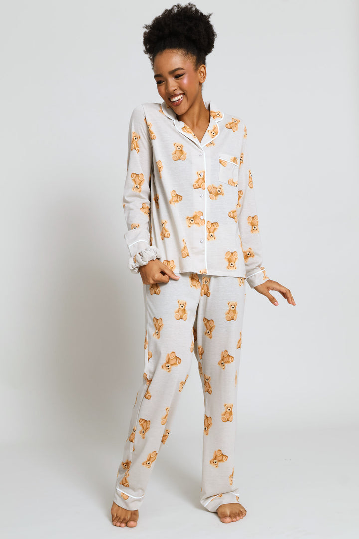 Long Sleeve Knit Button Through & Pant Set With Teddy Scrunchie - Brown