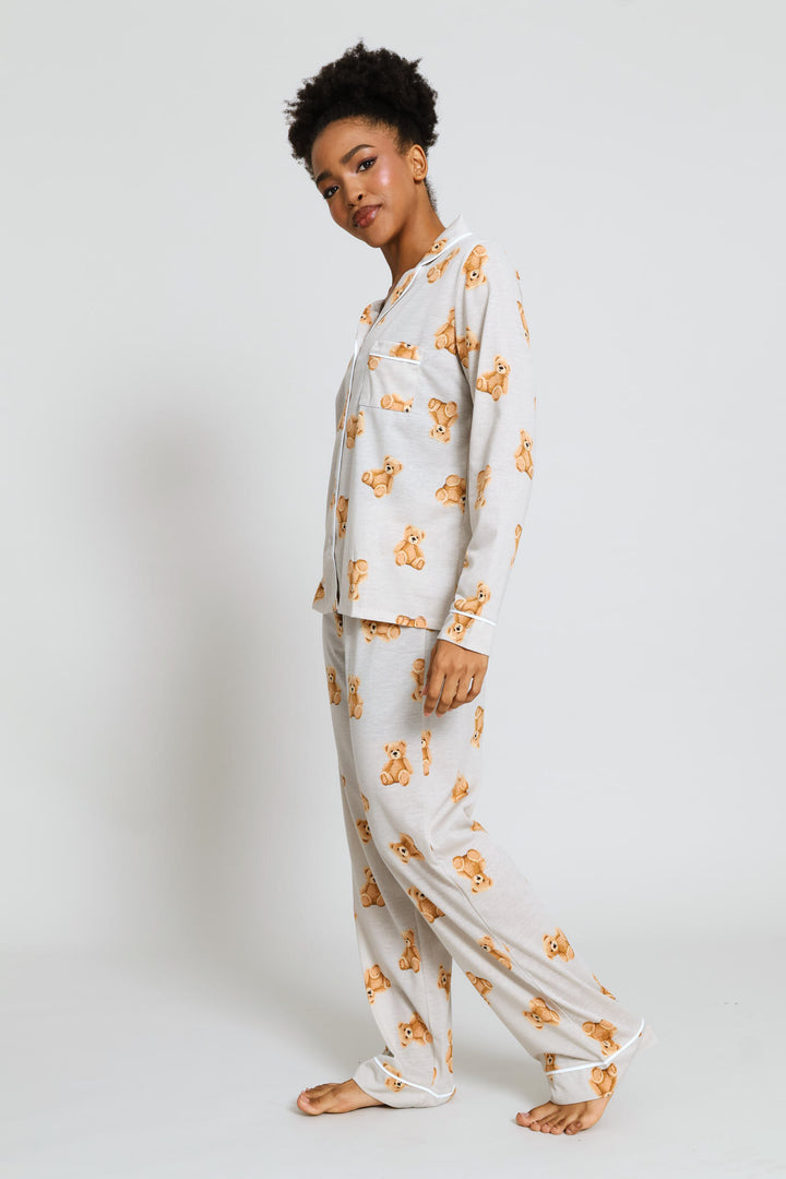 Long Sleeve Knit Button Through & Pant Set With Teddy Scrunchie - Brown