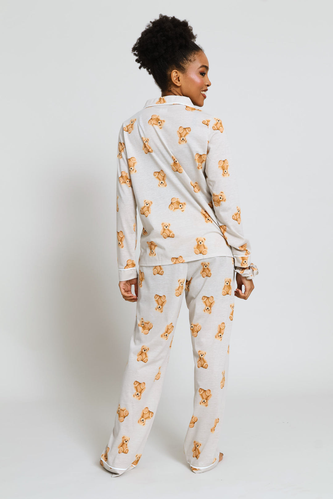 Long Sleeve Knit Button Through & Pant Set With Teddy Scrunchie - Brown