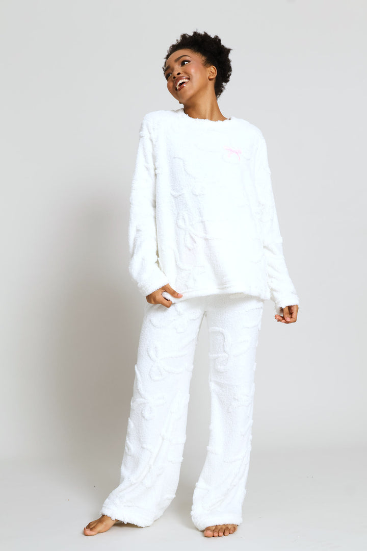 Bows Embossed Polar Fleece Long Sleeve Top & Pant Set - Cream