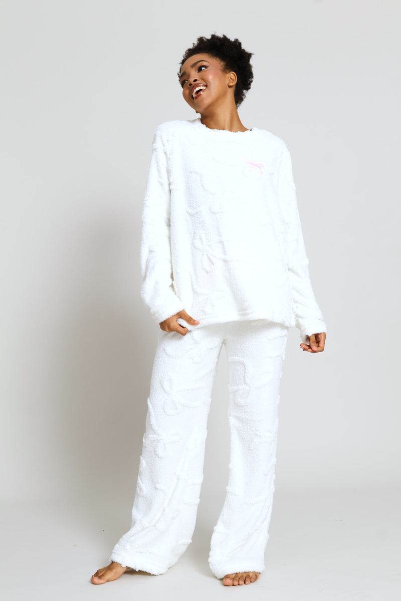 Bows Embossed Polar Fleece Long Sleeve Top & Pant Set - Cream
