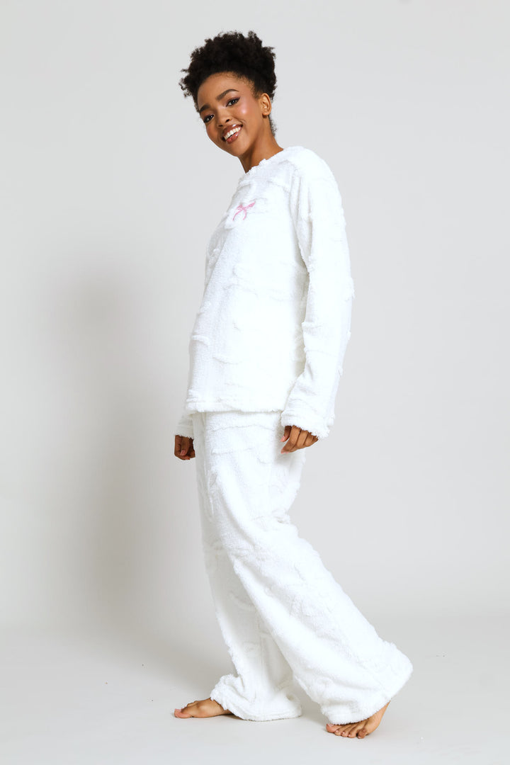 Bows Embossed Polar Fleece Long Sleeve Top & Pant Set - Cream