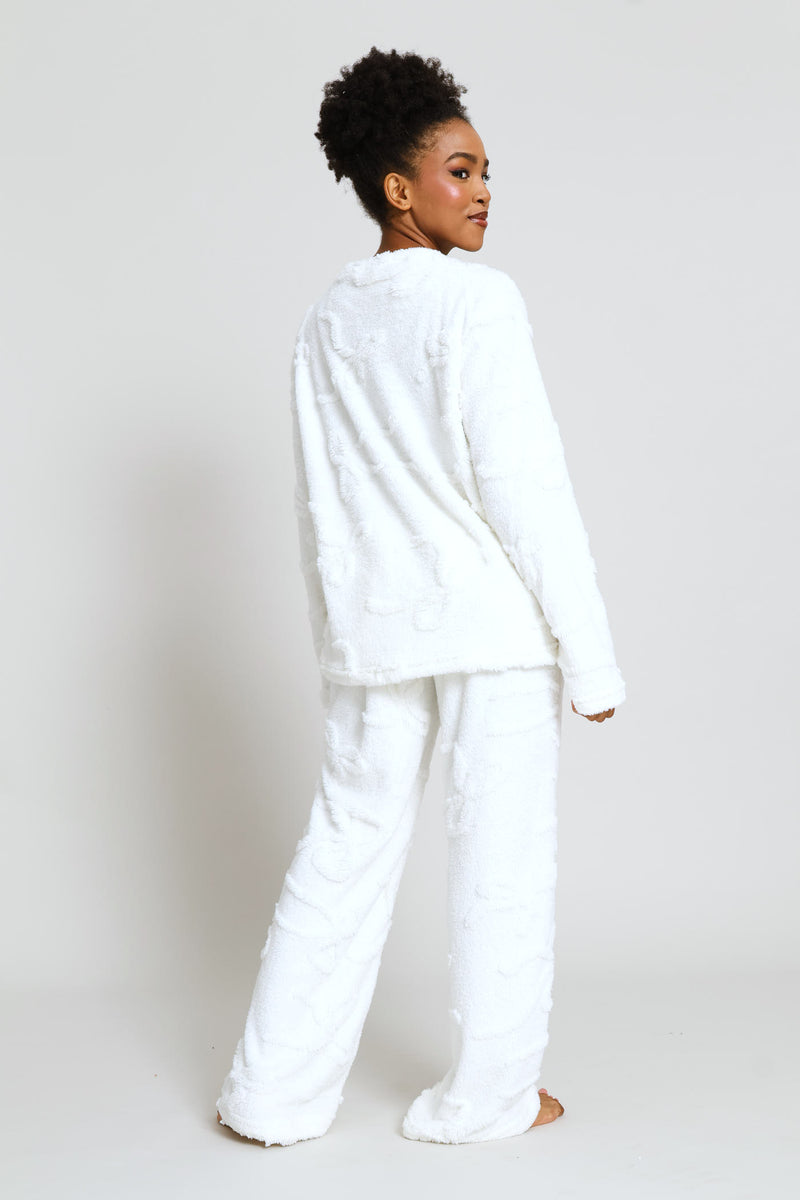 Bows Embossed Polar Fleece Long Sleeve Top & Pant Set - Cream