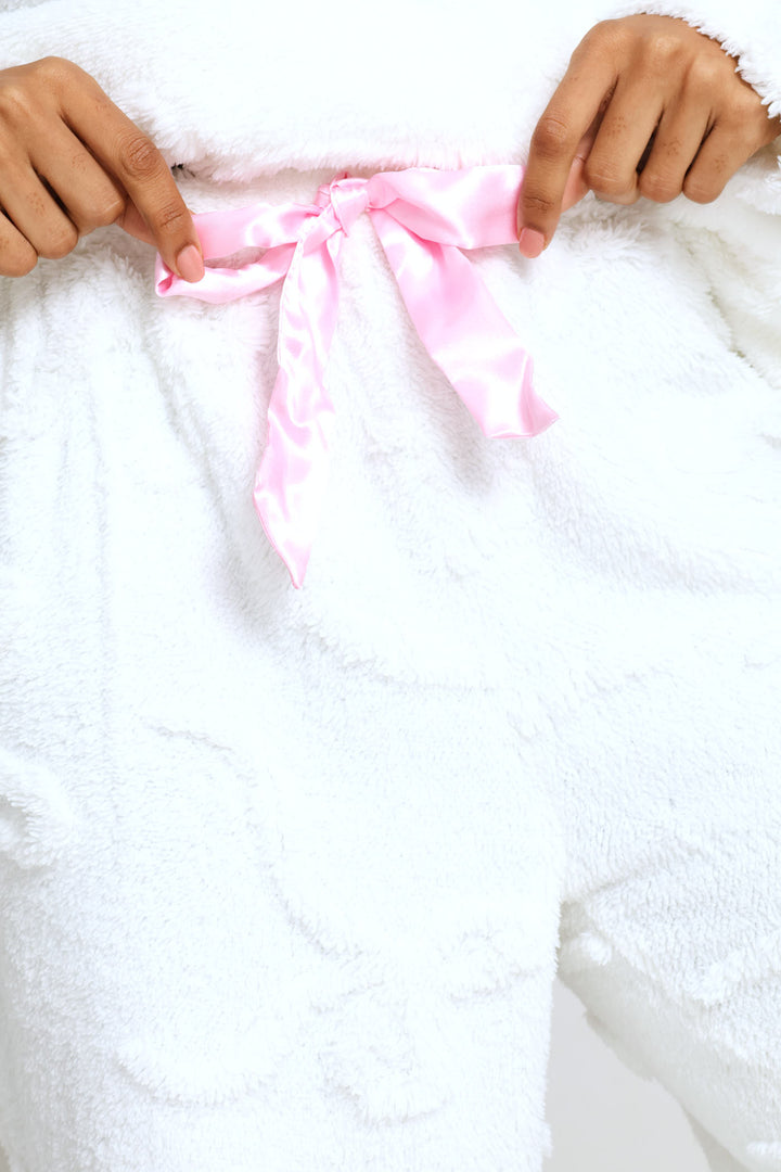 Bows Embossed Polar Fleece Long Sleeve Top & Pant Set - Cream