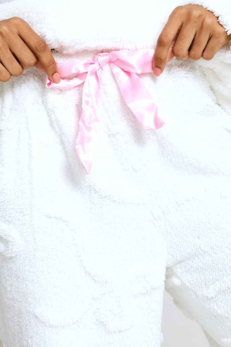 Bows Embossed Polar Fleece Long Sleeve Top & Pant Set - Cream