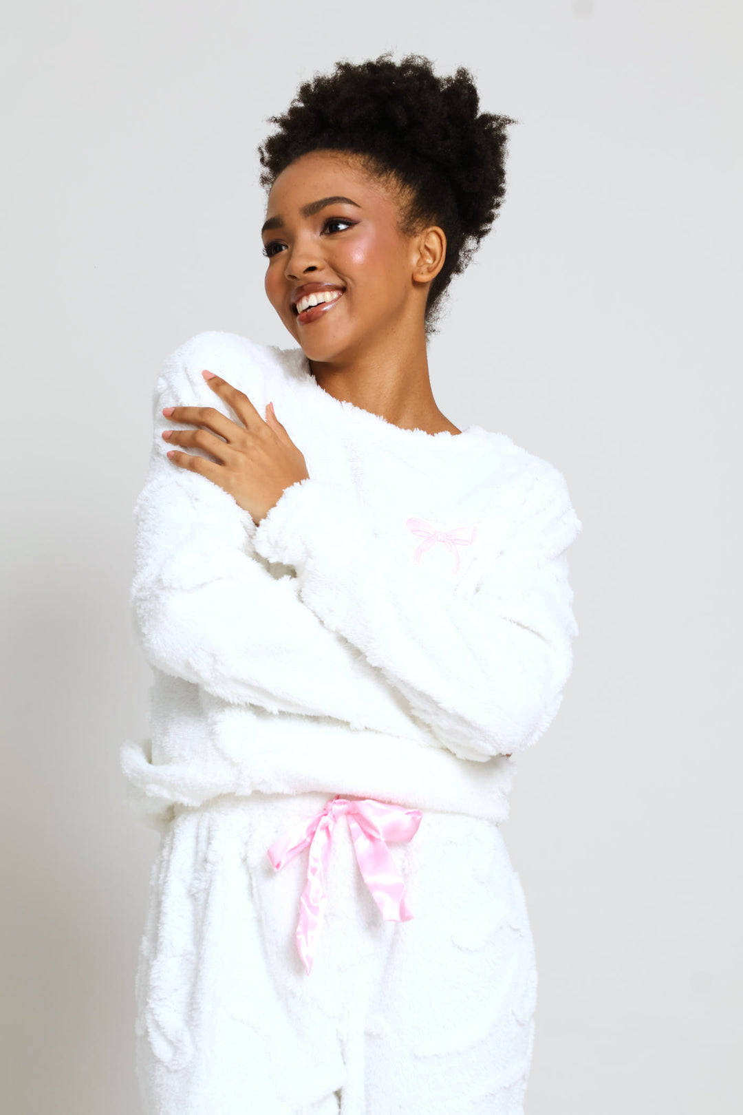 Bows Embossed Polar Fleece Long Sleeve Top & Pant Set - Cream