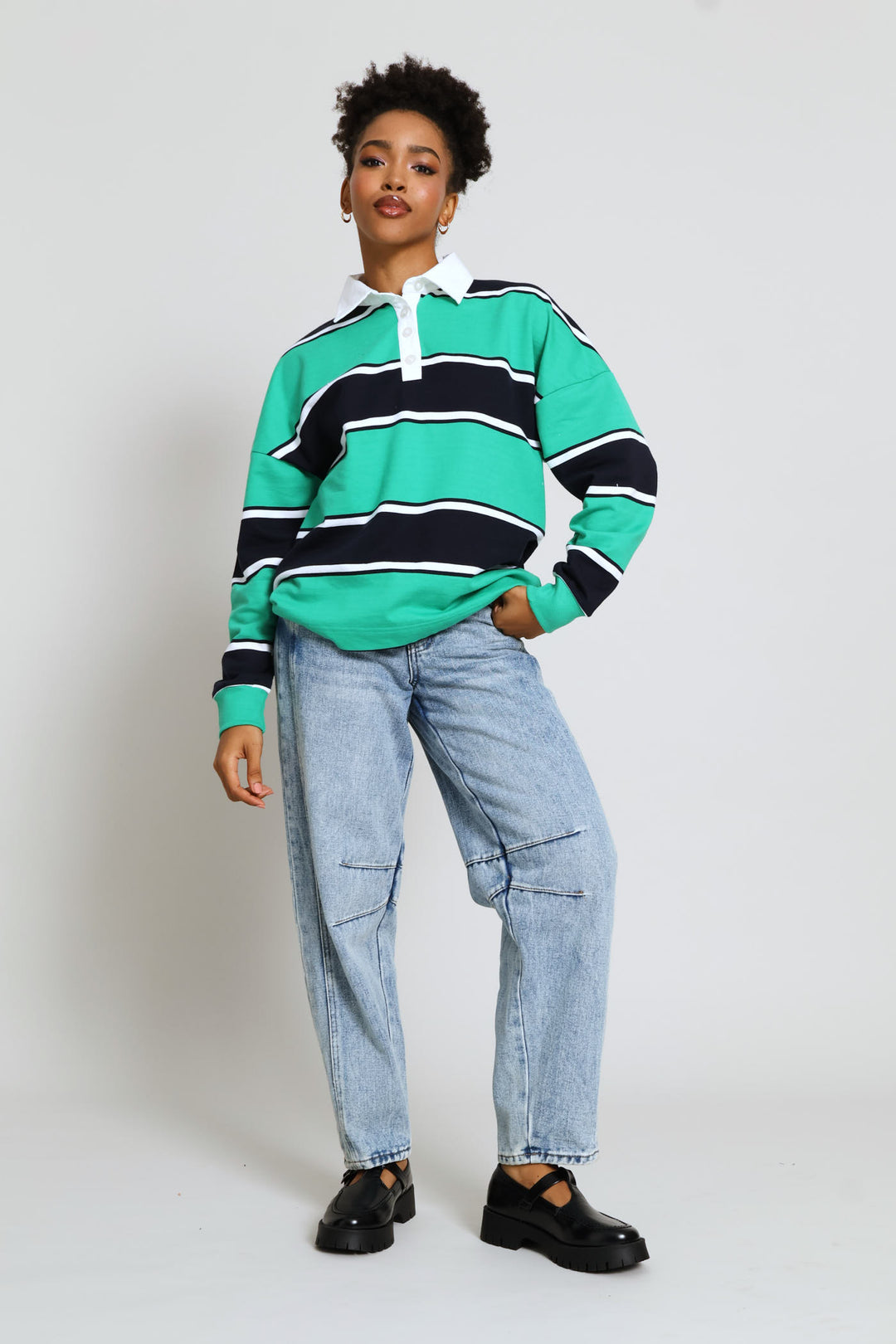 Yarn Dye Stripe Fleece Rugby Top - Navy/Green