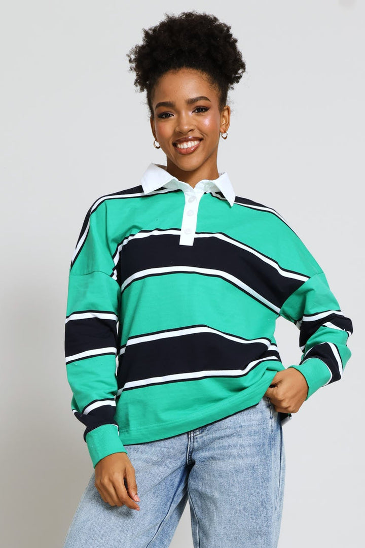 Yarn Dye Stripe Fleece Rugby Top - Navy/Green